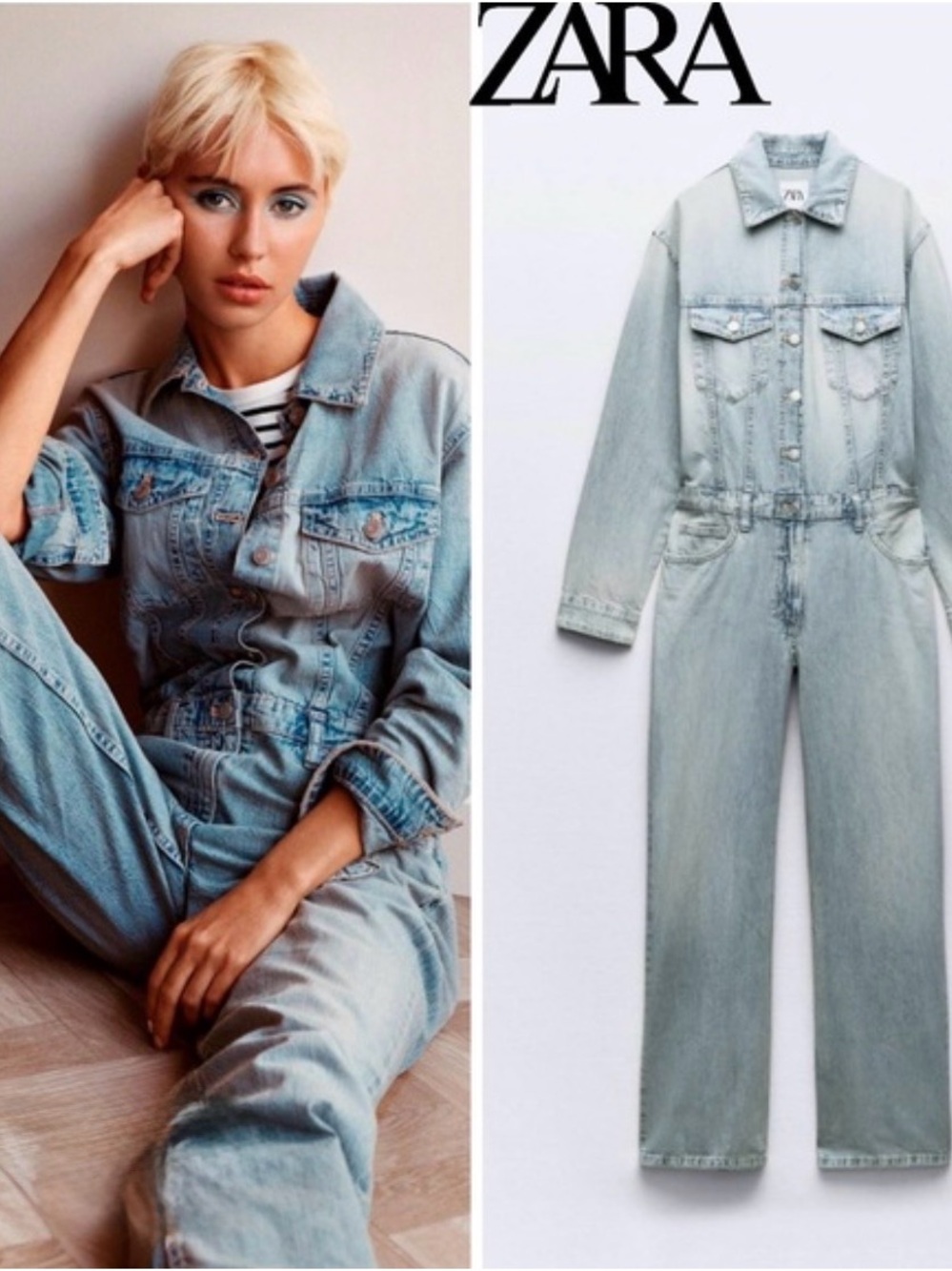 ZARA Light Denim Women's Denim Overalls - Pale Blue